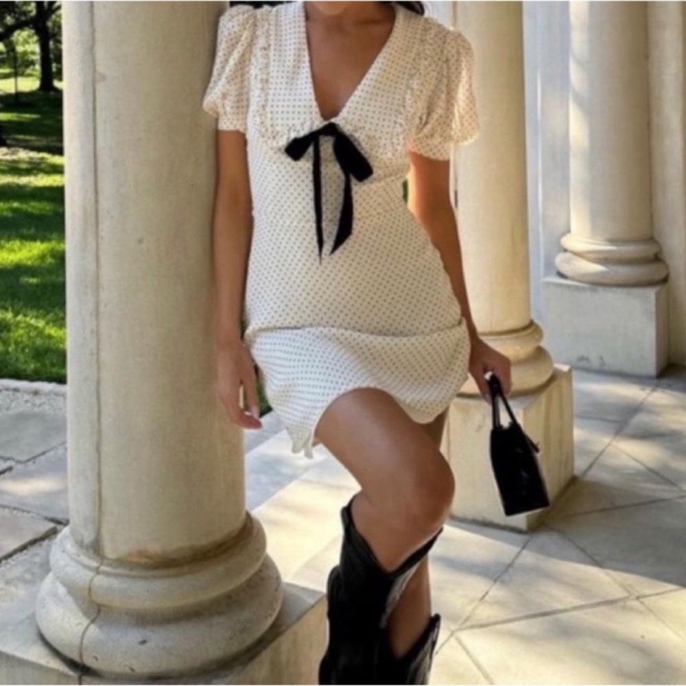 Reformation White Mini Dress with Black Bow